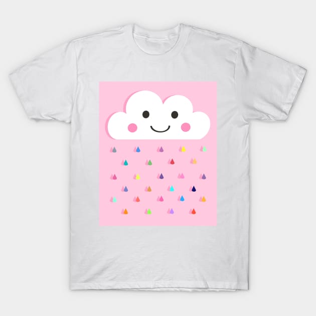 Rainbow Raindrops, Happy Rain Cloud, on Pink T-Shirt by OneThreeSix